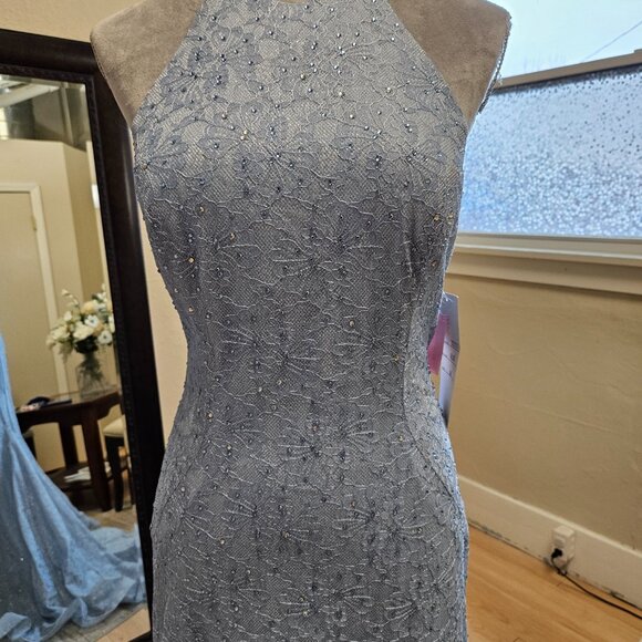 Size 14 light blue shimmer lace/rhinestone high neck lace trumpet NWT - Picture 3 of 11